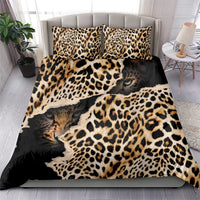 Black leopard-print bedding set with cat and animal pattern on duvet and pillows