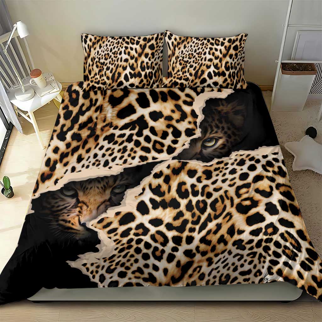 Black leopard-print bedding set showing duvet and two matching pillows with cat pattern