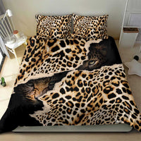 Black leopard-print bedding set showing duvet and two matching pillows with cat pattern
