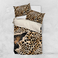 Leopard-print bedding set laid flat with duvet and two pillowcases