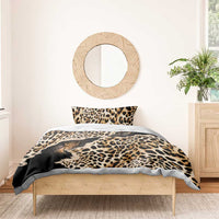 Black leopard-print bedding set with cat-eye duvet center and two leopard pillows