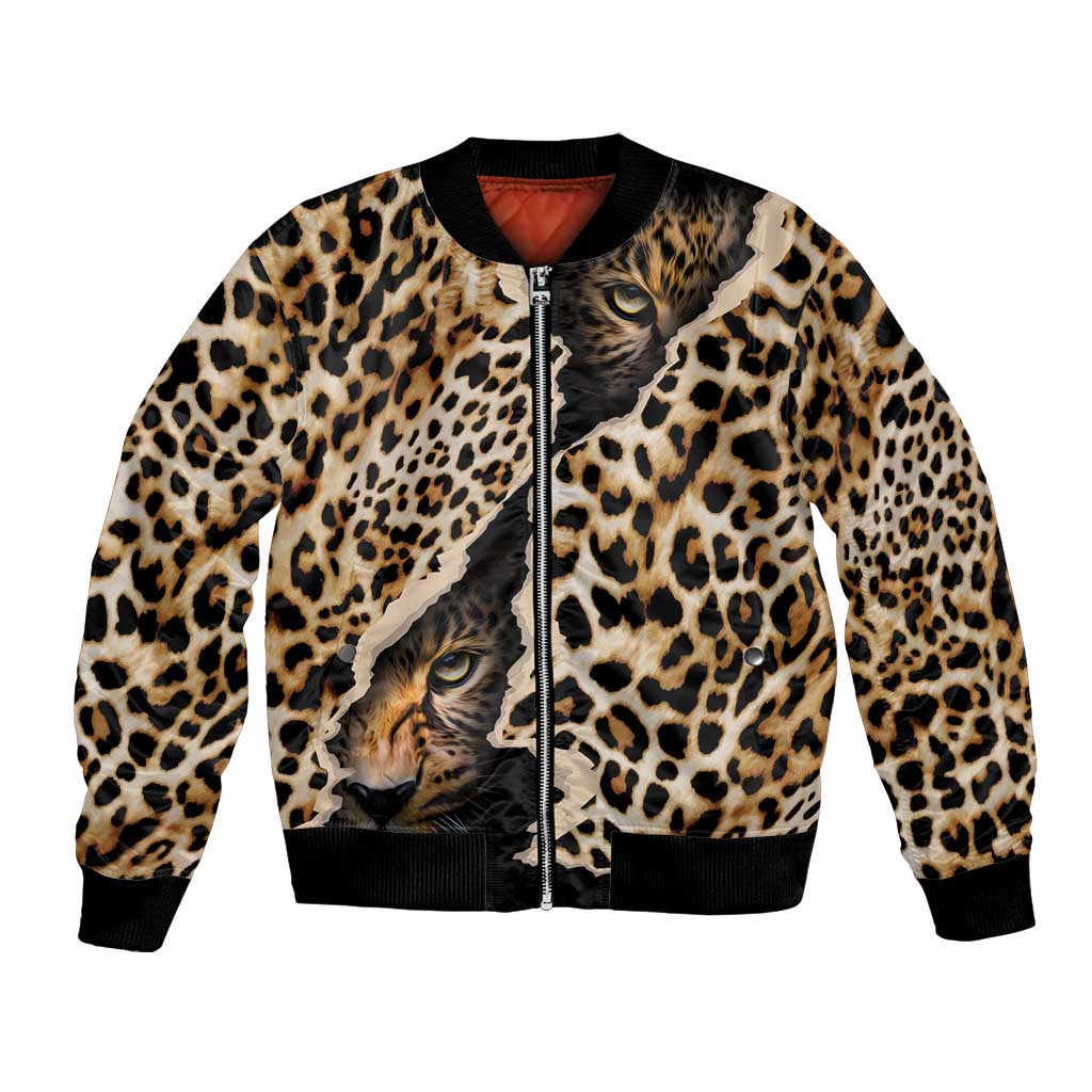 Unisex bomber jacket with all-over leopard print, black ribbed trim and front zipper