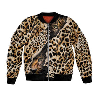 Unisex bomber jacket with all-over leopard print, black ribbed trim and front zipper