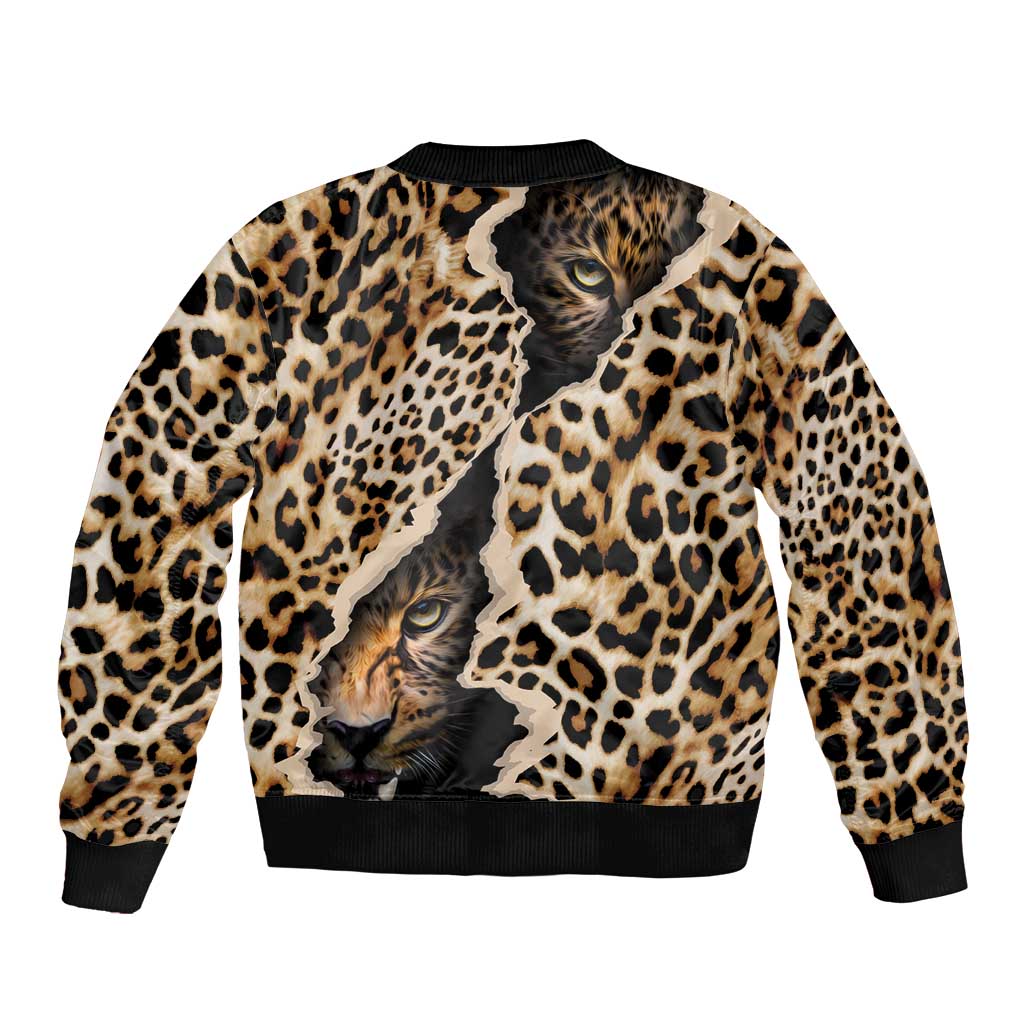 Unisex bomber jacket with all-over leopard print and black ribbed hem, no zipper visible