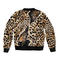 Unisex bomber jacket with all-over leopard print and black ribbed hem, no zipper visible