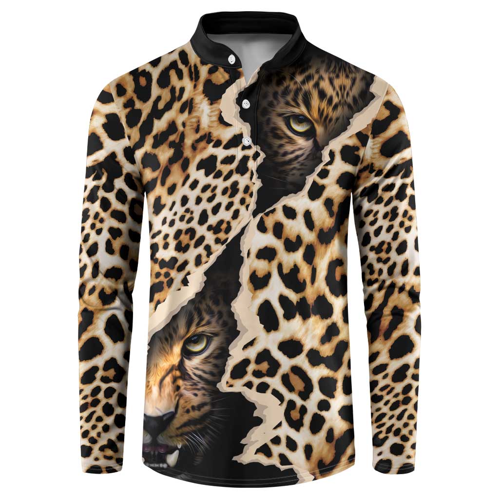 Button-front sweatshirt with leopard cat face print, black collar and long sleeves