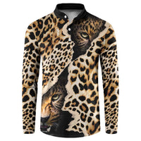 Button-front sweatshirt with leopard cat face print, black collar and long sleeves