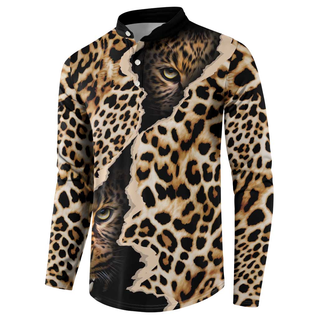 Leopard print button-front sweatshirt with cat face graphic, black collar, long sleeves