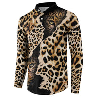 Leopard print button-front sweatshirt with cat face graphic, black collar, long sleeves