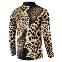 Leopard print button-front sweatshirt with cat face graphic on back, black collar, long sleeves