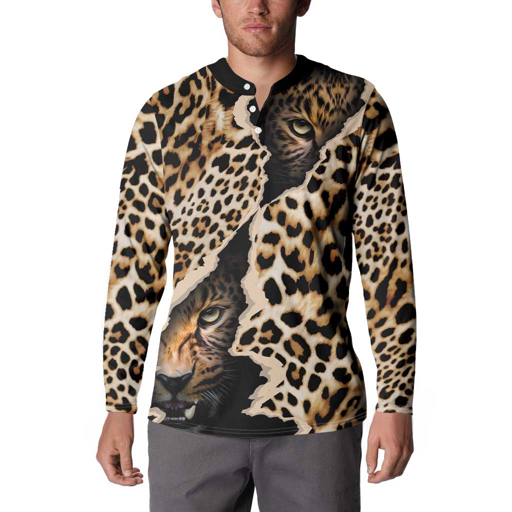 Leopard print button-front sweatshirt with cat graphic, black placket and collar, long sleeves
