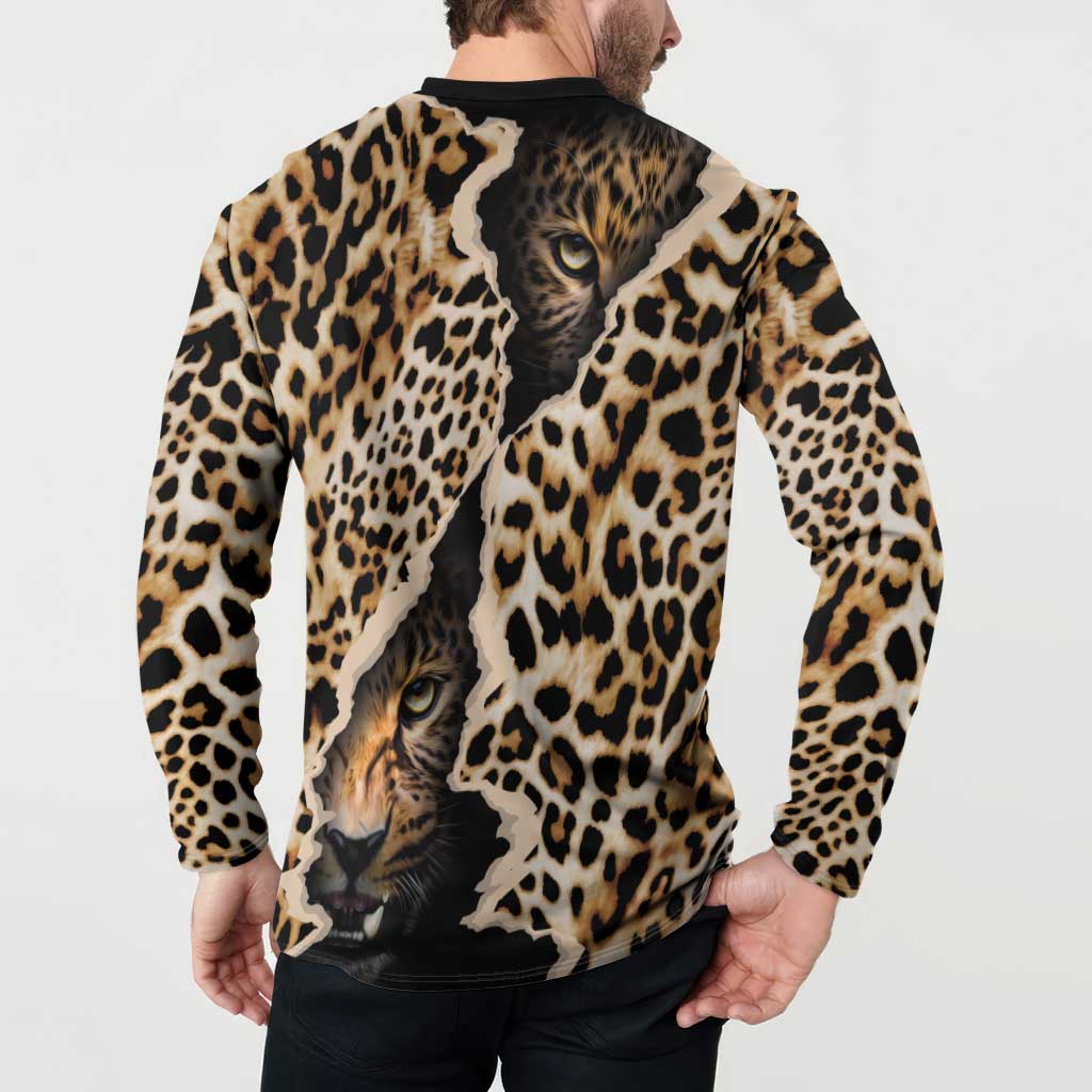 Leopard print button-front sweatshirt with cat face graphic on back, black hem and collar