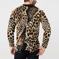 Leopard print button-front sweatshirt with cat face graphic on back, black hem and collar