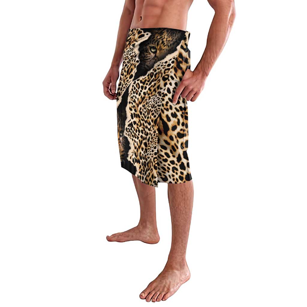 Leopard-print lavalava wrap skirt with black waistband and side drape