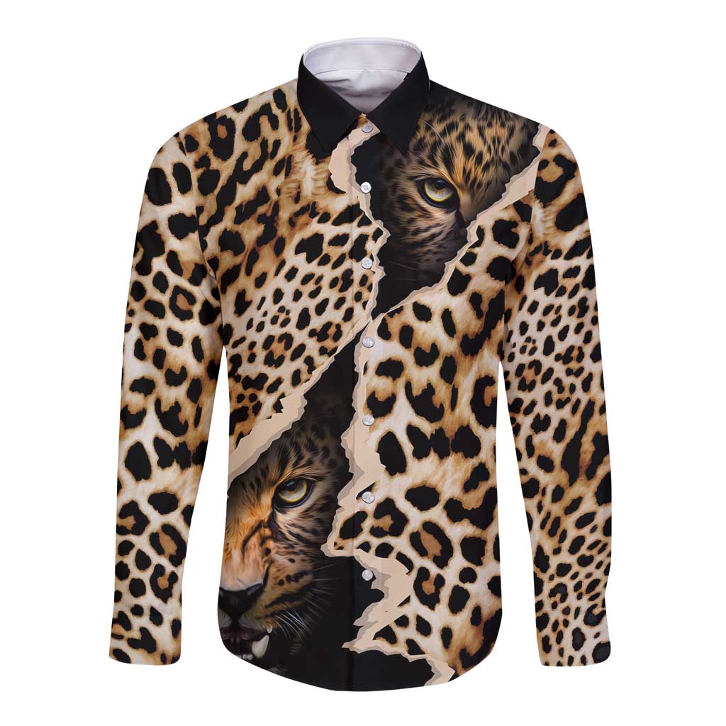 Leopard print long-sleeve button shirt, black base, front view with graphic cat face