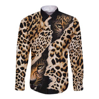 Leopard print long-sleeve button shirt, black base, front view with graphic cat face