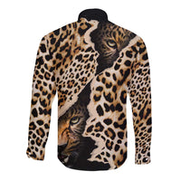 Leopard print long-sleeve button shirt, black base, back view with cat face
