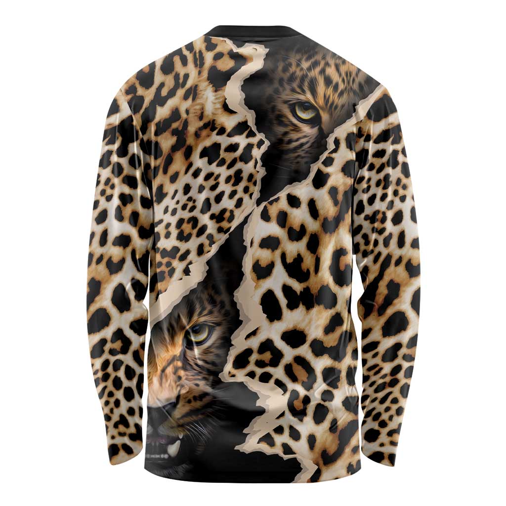 Unisex long-sleeve crewneck shirt with full leopard print in black and tan