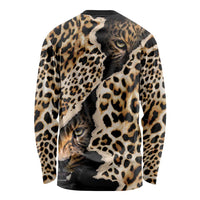 Unisex long-sleeve crewneck shirt with full leopard print in black and tan