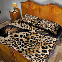 Leopard-print quilt bed set with 2 pillow shams on bed, black and tan