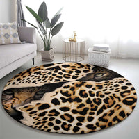 Round leopard print rug with cat face detail, black and tan spots, soft plush pile