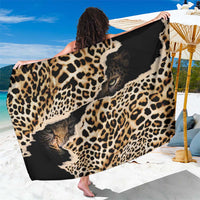 Black leopard-print sarong with draped animal pattern panel and dark border