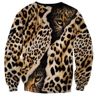 Unisex crewneck sweatshirt with leopard-print and two cat-eye graphics, long sleeves