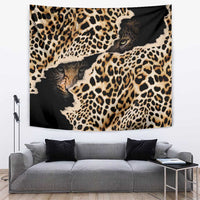 Leopard-pattern tapestry in black and tan with spotted cat faces