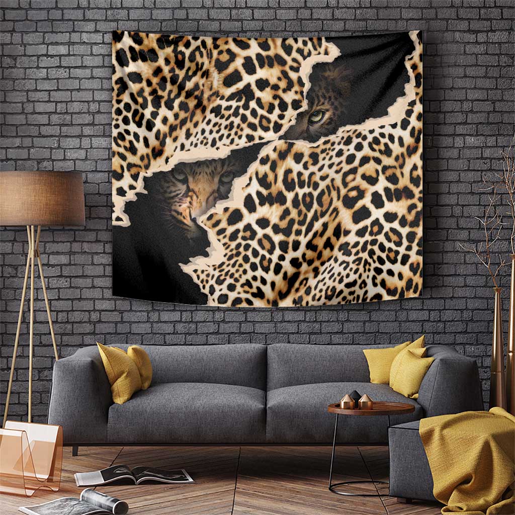 Leopard-print wall tapestry in black and tan featuring layered cat faces