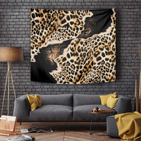Leopard-print wall tapestry in black and tan featuring layered cat faces