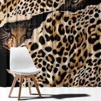 Black window curtain panel with tan leopard spots and a large cat face graphic