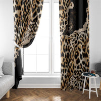 Black and tan leopard print window curtain panels with cat face detail