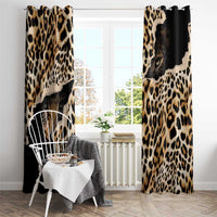 Black window curtain panels with tan leopard print and cat-eye section