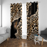 Window curtain set with black and tan leopard print and a close-up cat face