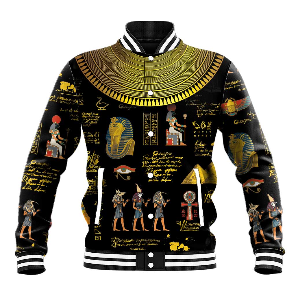 Unisex black baseball jacket with gold and yellow ancient Egypt hieroglyphic print