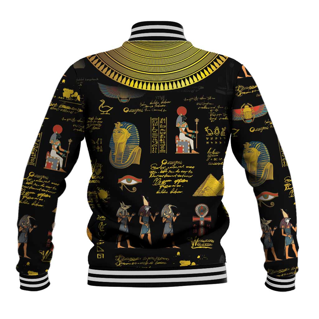 Unisex black baseball jacket with yellow hieroglyphic and pharaoh graphic print, striped cuffs