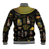 Unisex black baseball jacket with yellow hieroglyphic and pharaoh graphic print, striped cuffs