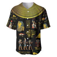 Black baseball jersey with gold ribbed collar, button placket and Ancient Egypt print