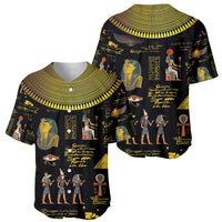 Black baseball jersey angled view, gold ribbed collar, pharaoh and hieroglyph graphics