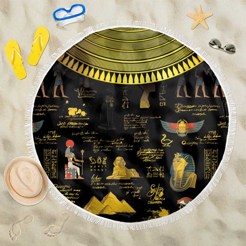 150 cm black circular beach blanket with white fringe, ancient Egypt hieroglyph print