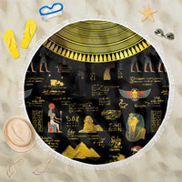 150 cm black circular beach blanket with white fringe, ancient Egypt hieroglyph print