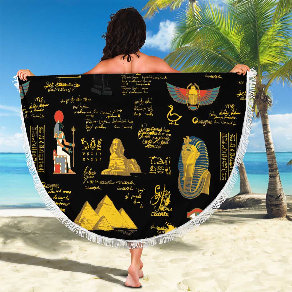 Black circular beach blanket with white fringe, Egyptian figures and hieroglyphs print