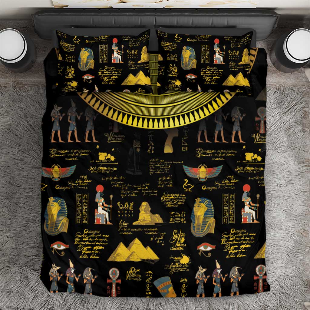 Black bedding set with gold Egyptian hieroglyph and pharaoh prints: duvet and pillows