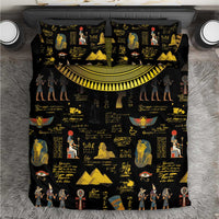 Black bedding set with gold Egyptian hieroglyph and pharaoh prints: duvet and pillows