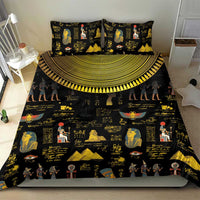 Black bedding set with gold Egyptian hieroglyph and pharaoh prints, duvet with two pillowcases