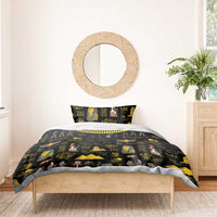 Black bedding set with gold Egyptian hieroglyph and pharaoh prints, duvet with two pillowcases