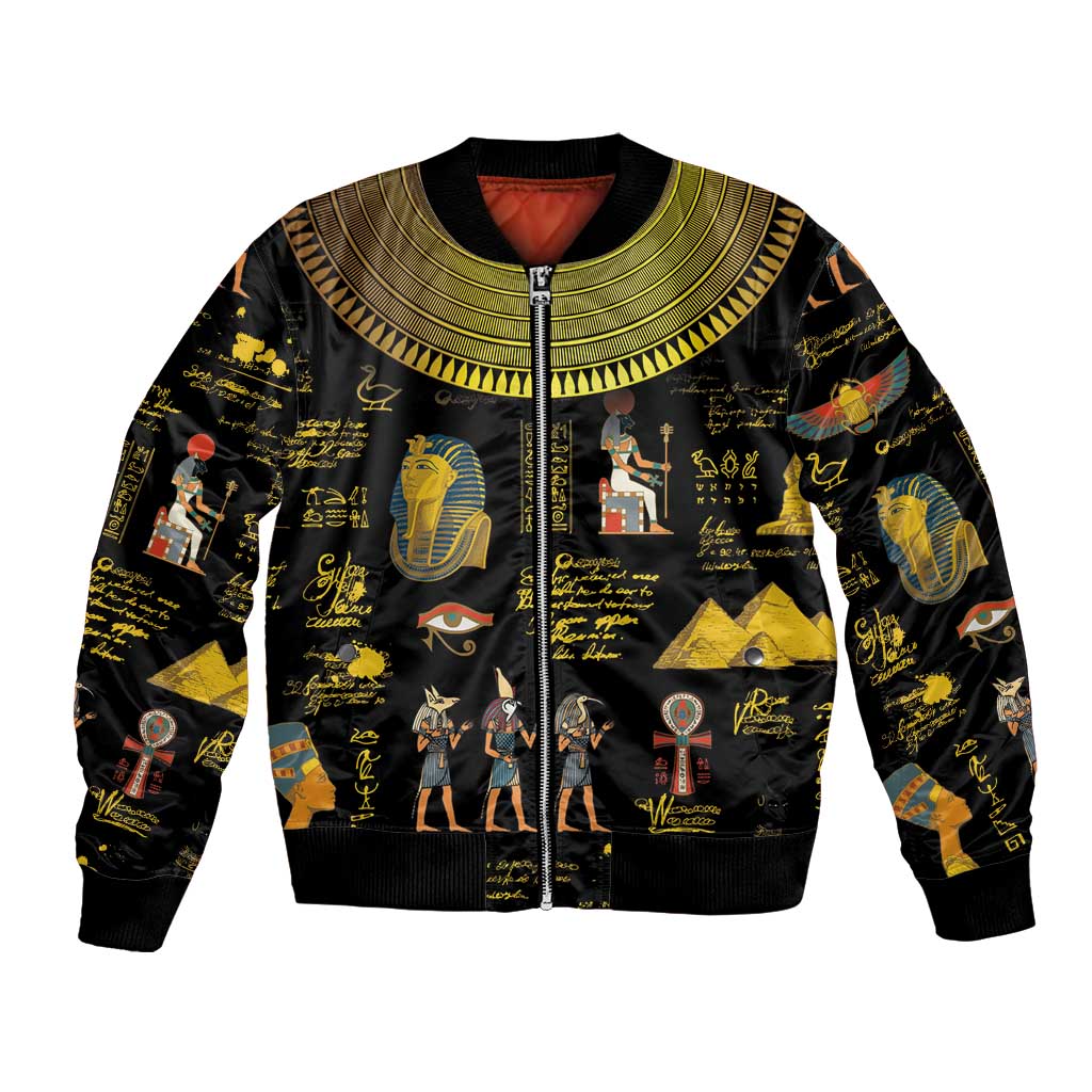 Black unisex bomber jacket with gold Egypt print, front zipper, ribbed collar and cuffs