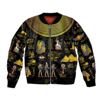 Black unisex bomber jacket with gold Egypt print, front zipper, ribbed collar and cuffs