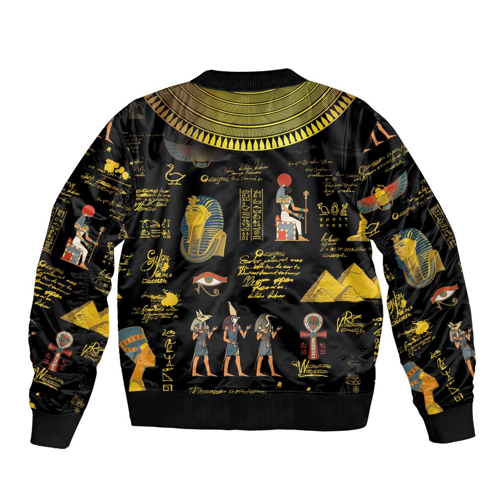 Black unisex bomber jacket with gold Ancient Egypt hieroglyph and pharaoh print