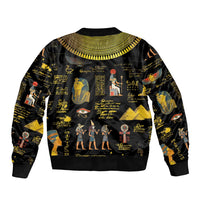 Black unisex bomber jacket with gold Ancient Egypt hieroglyph and pharaoh print